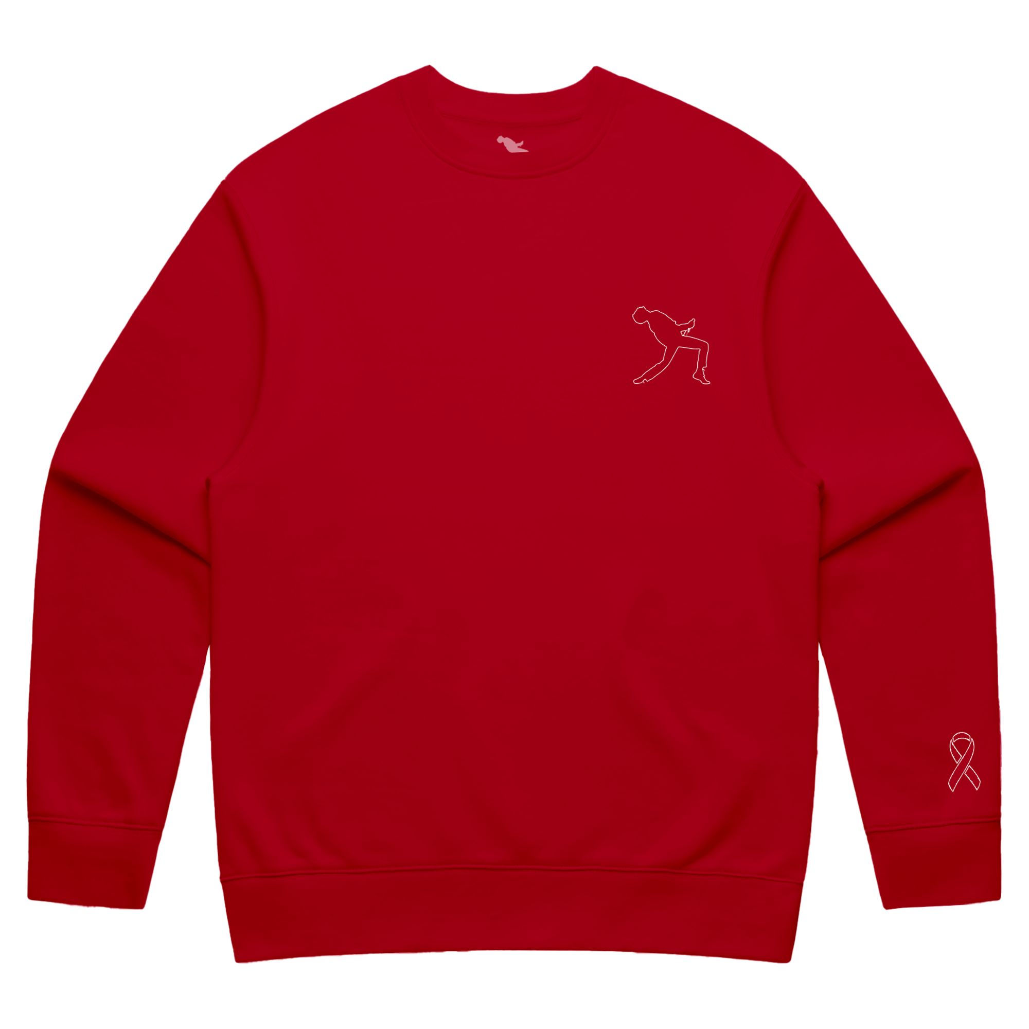 Red sweatshirt with a small logo on the chest and a larger design on the sleeve