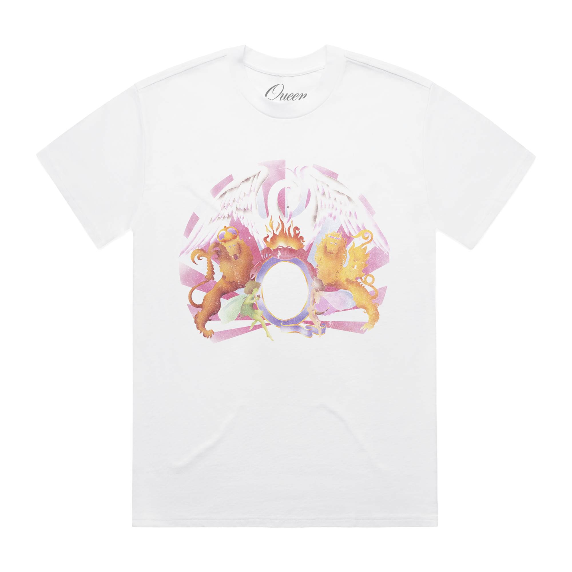 White t-shirt with a colorful A Night At The Opera graphic design on front