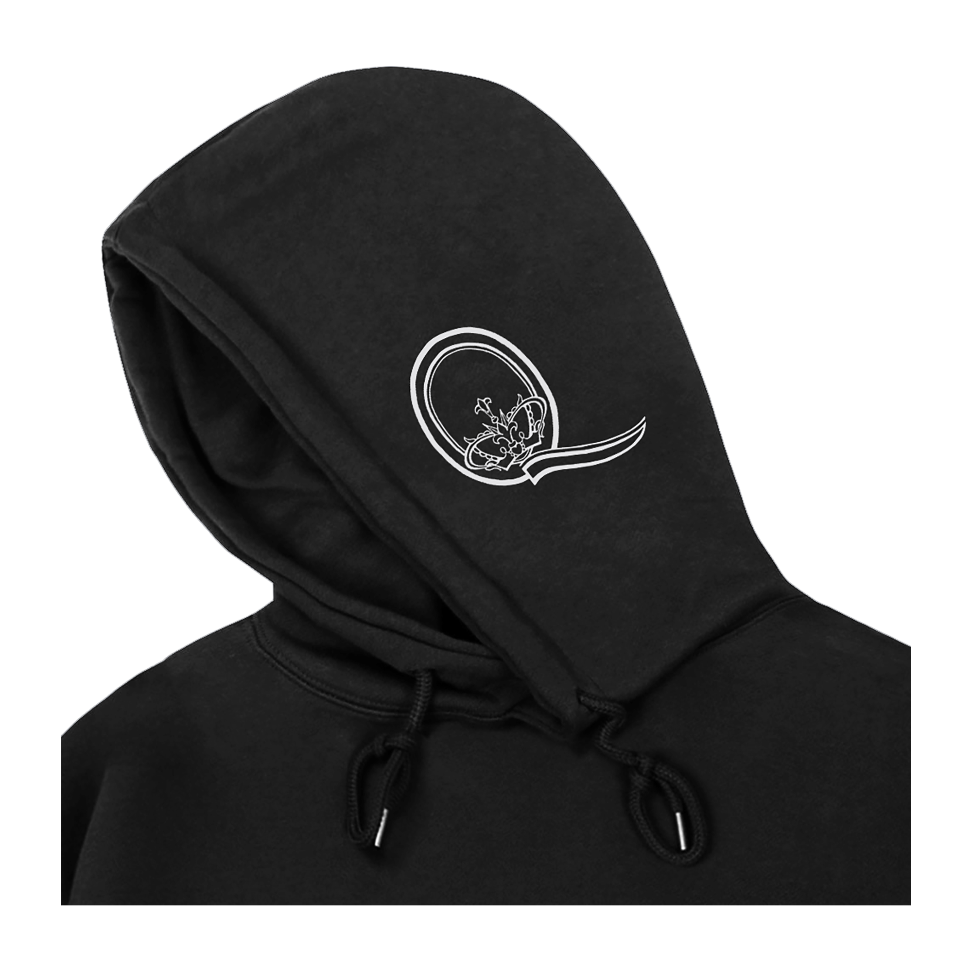Black hoodie with white Q graphic design on side of hood
