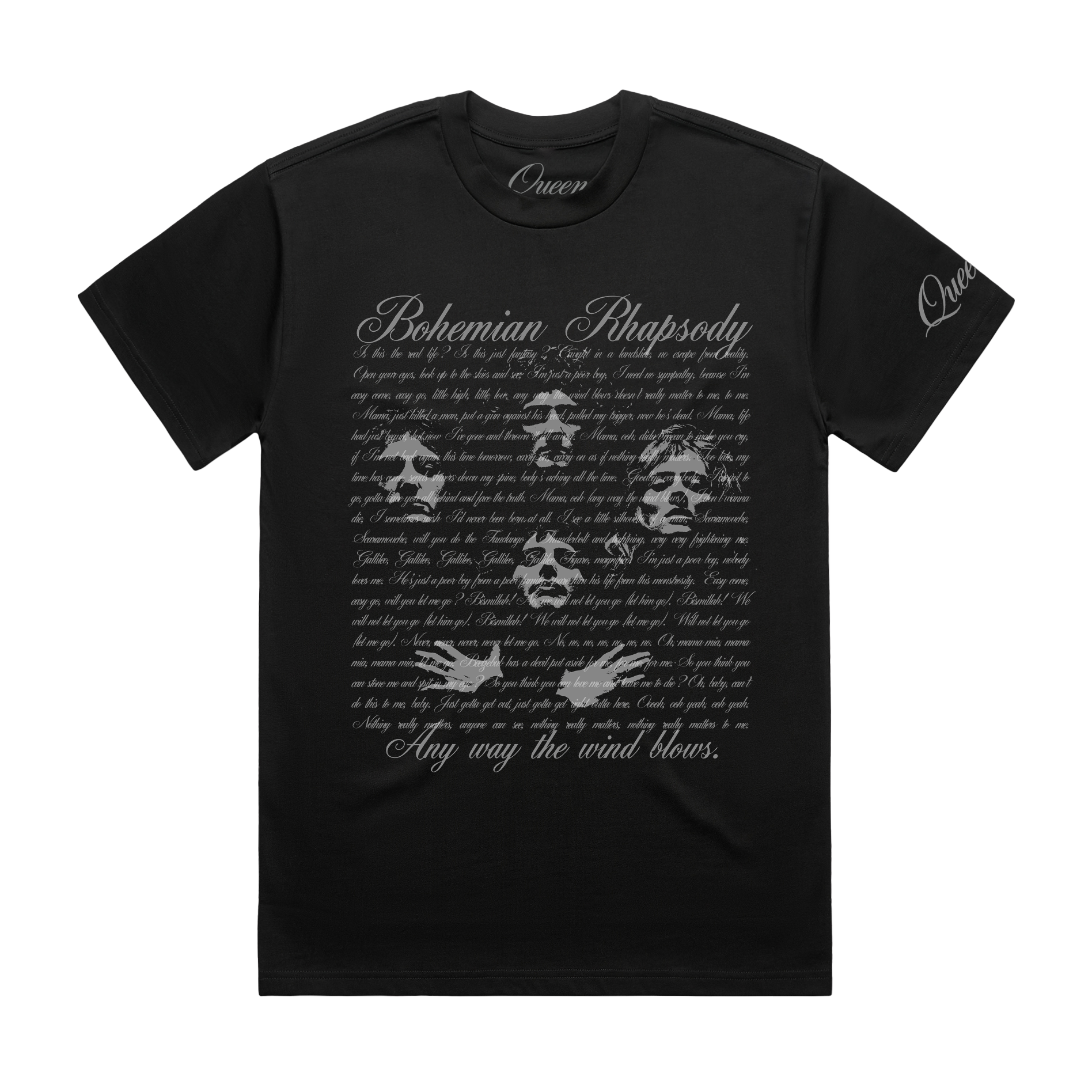 Black t-shirt with 'Bohemian Rhapsody' lyrics and Queen logo
