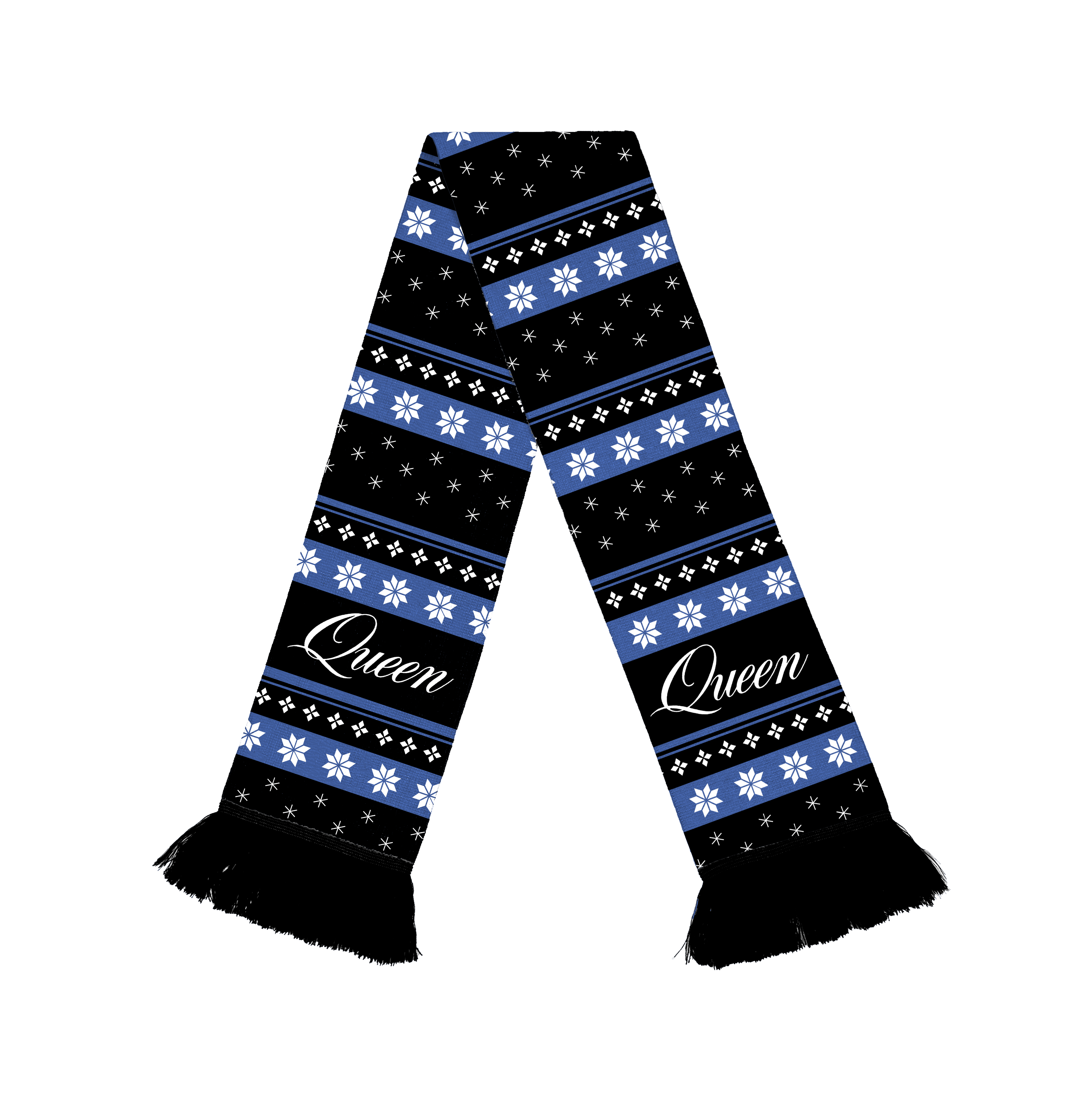 Scarf with blue and white pattern and 'Queen' text