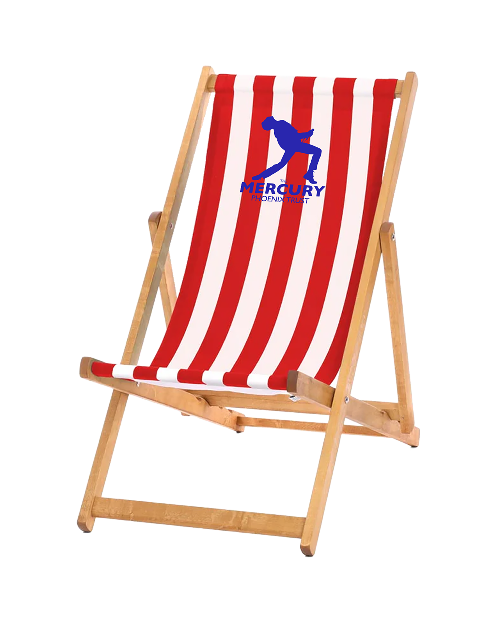 Red and white Mercury Phoenix Trust  striped deck chair with a wooden frame.