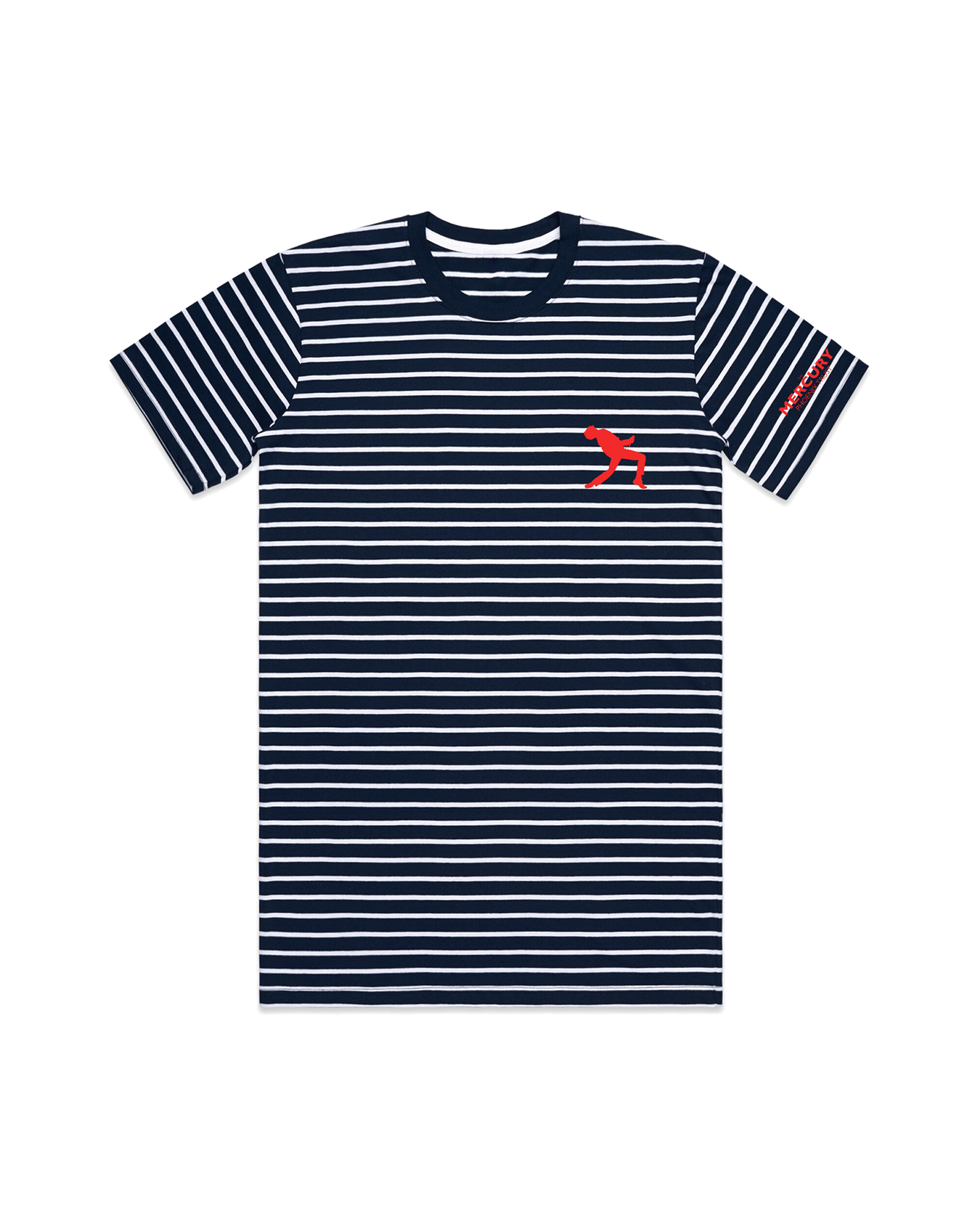 Navy and white striped t-shirt with a red Mercury Phoenix Trust logo.