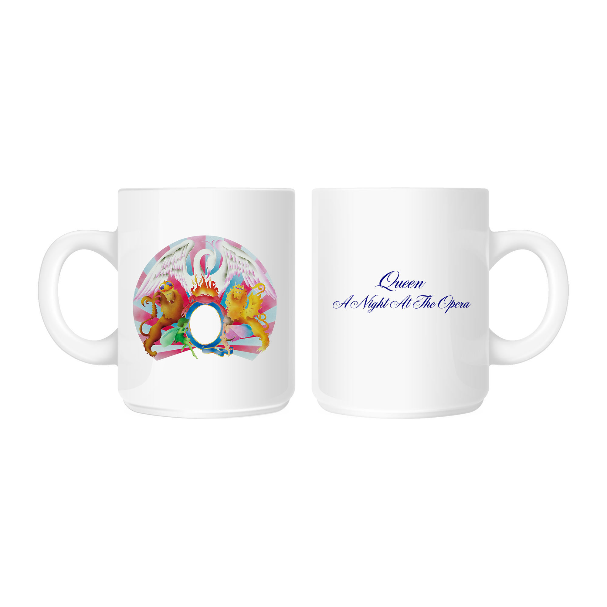 White A Night At The Opera Mug with colourful graphic crest design 