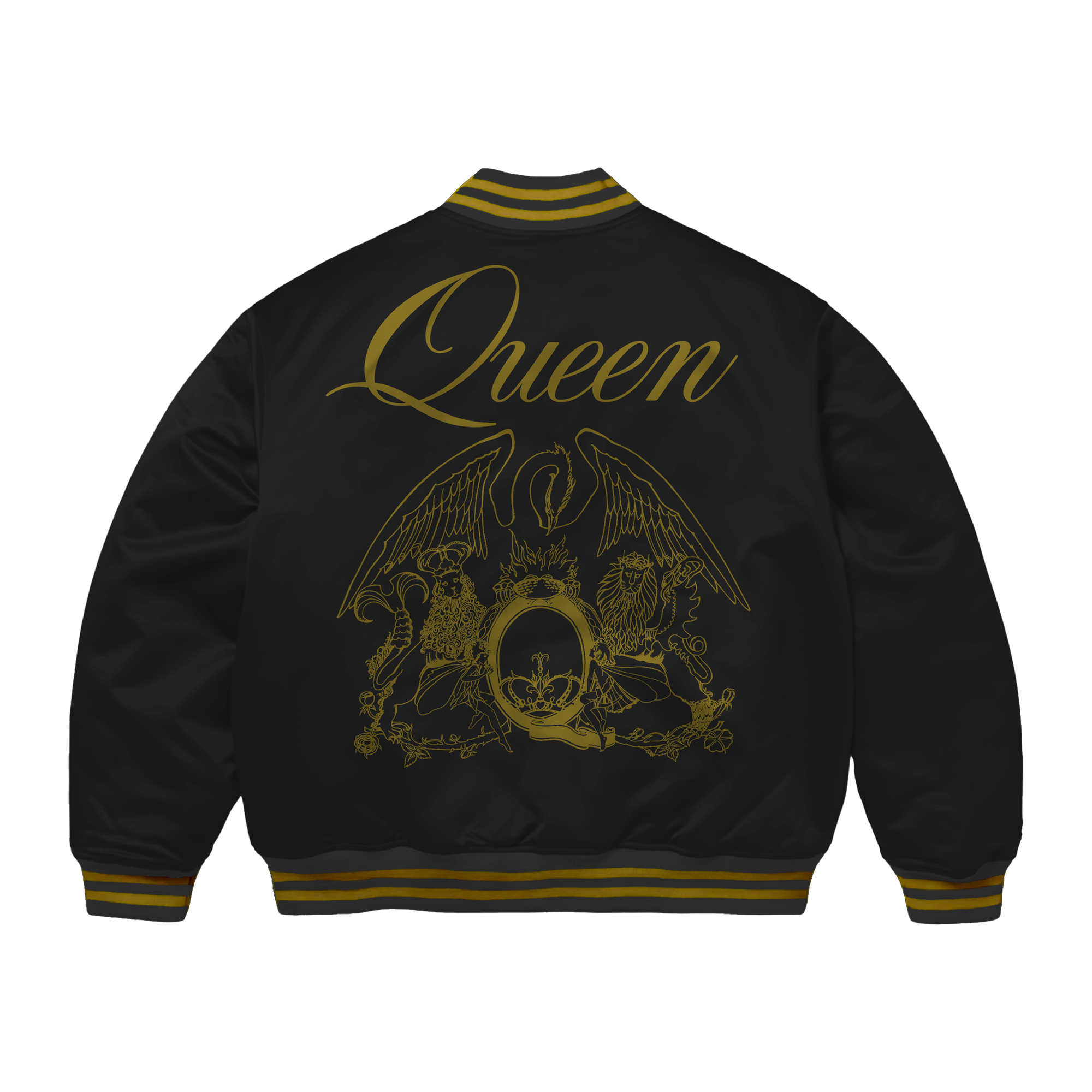 Black Bomber Jacket with yellow queen logo and crest 