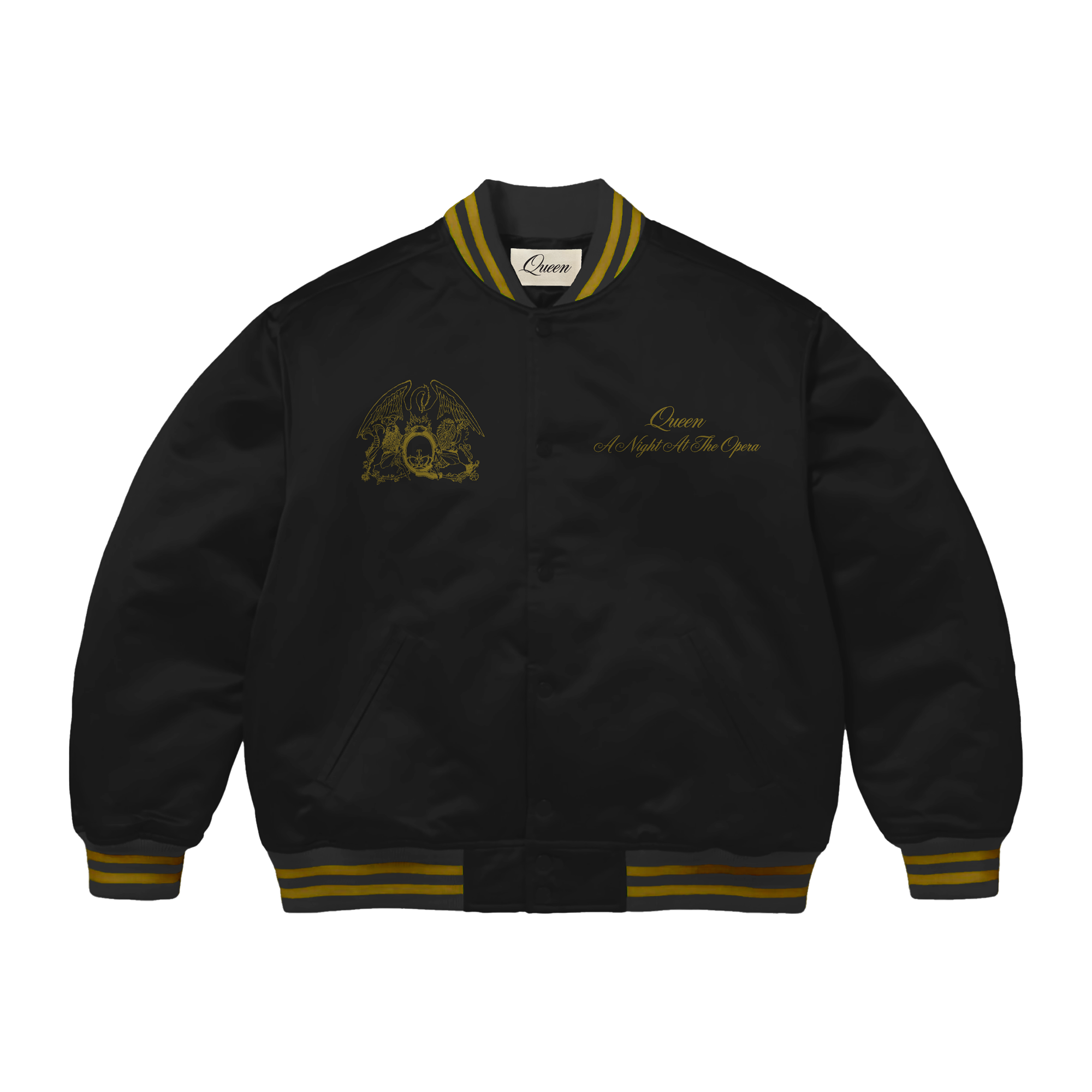 Black Bomber Jacket with yellow queen logo and crest 
