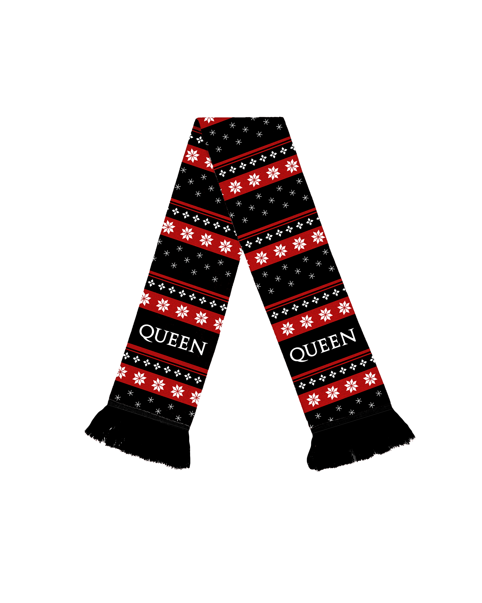 Scarf with 'Queen' branding and a pattern of red, white, and black