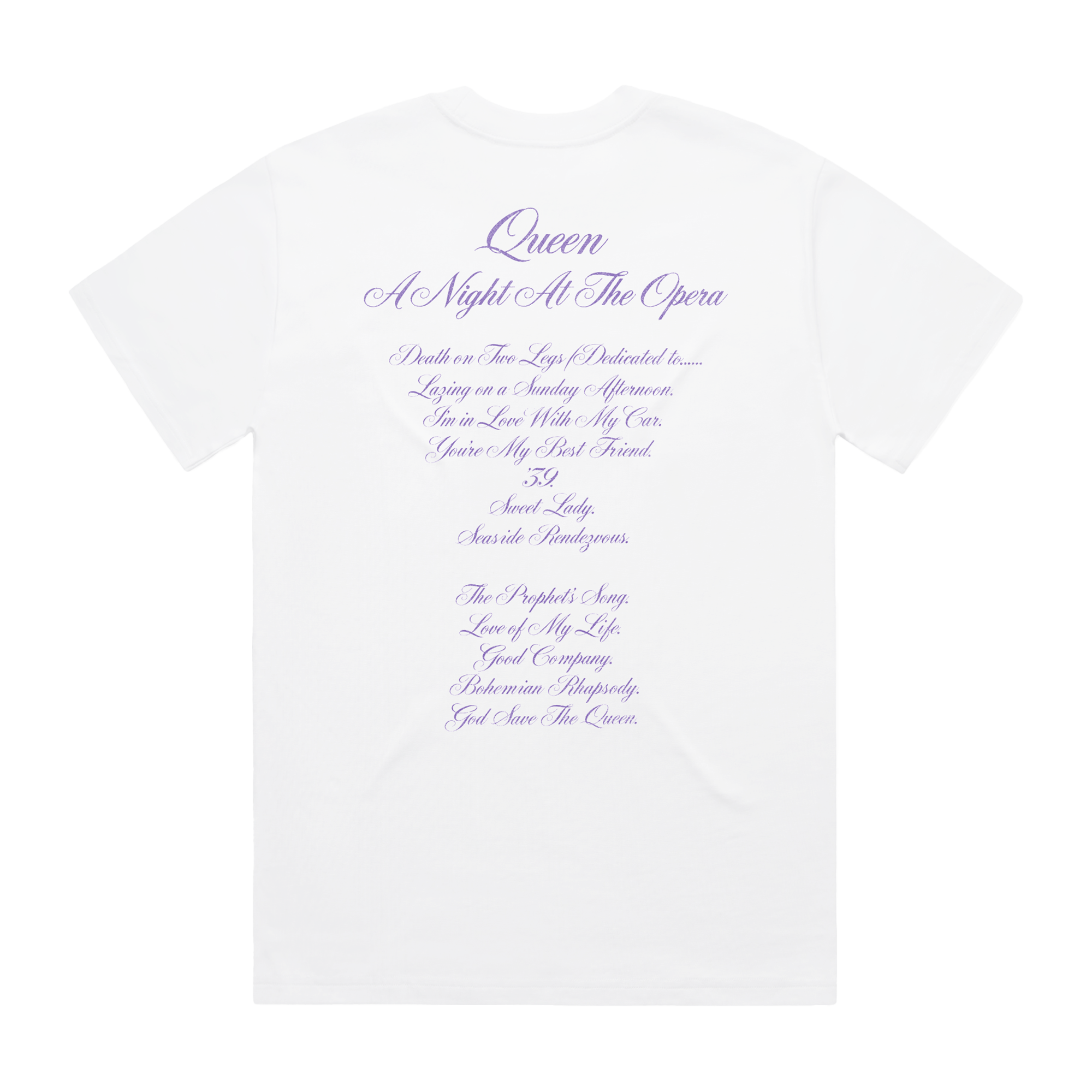 White t-shirt with purple text listing Queen A Night At The Opera Tracklisting 