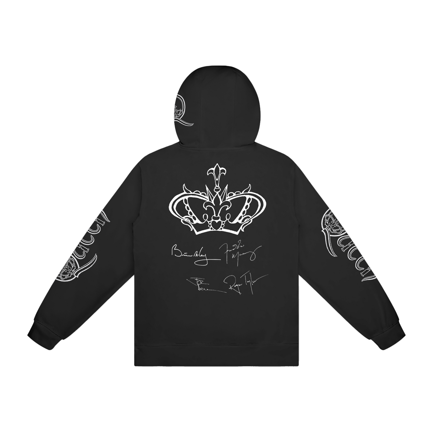 Black hoodie with white graphic design on back with band signatures and Queen logo on both sleeves 