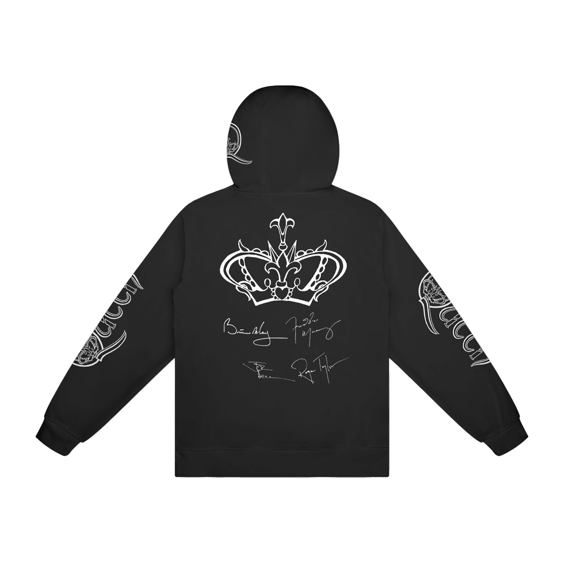Black hoodie with white graphic design on back with band signatures and Queen logo on both sleeves 