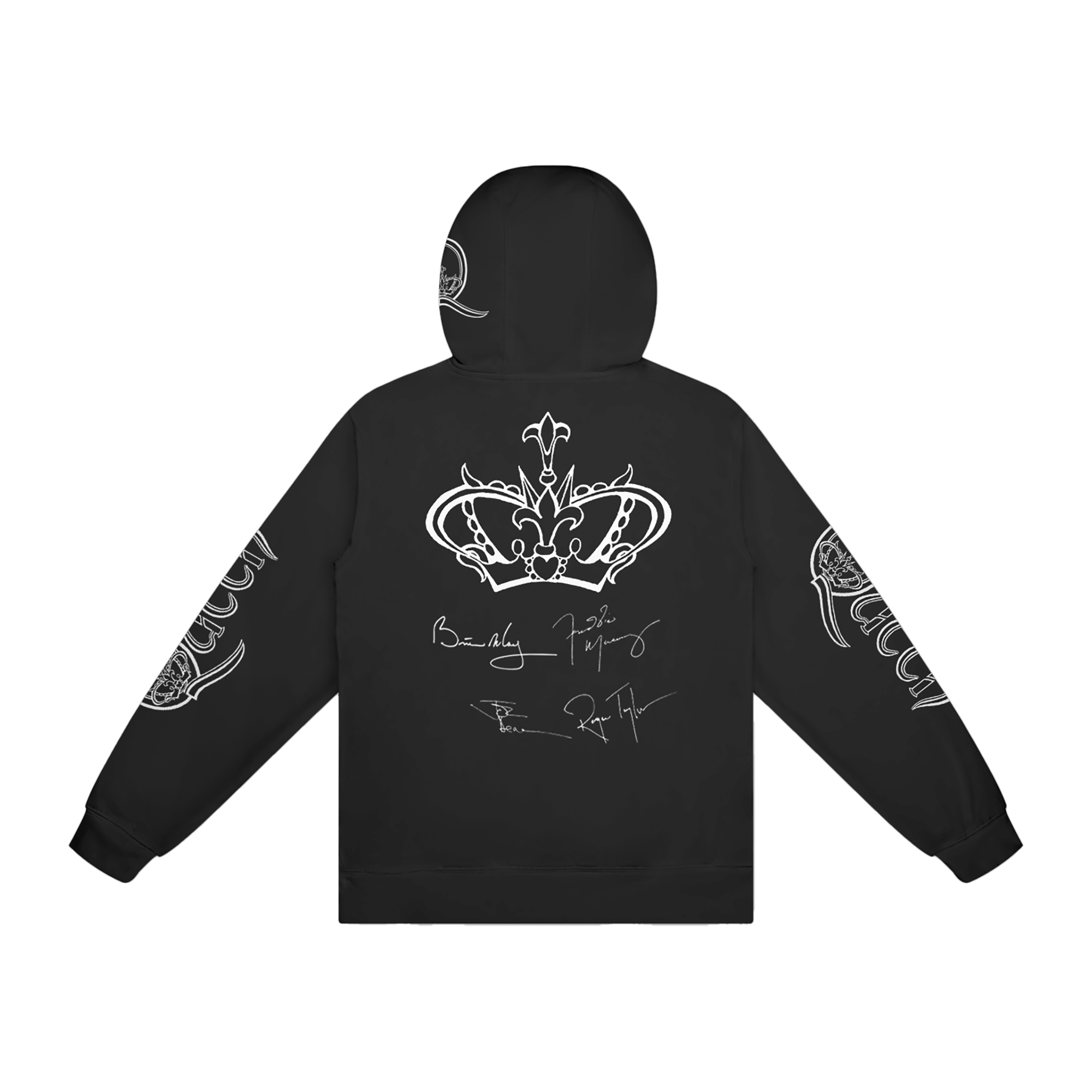 Black hoodie with white graphic design on back with band signatures and Queen logo on both sleeves 