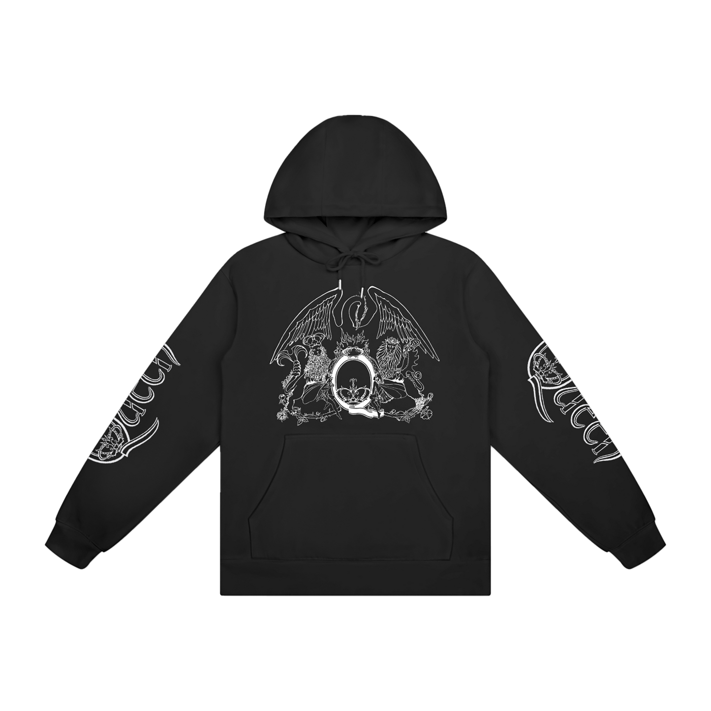 Black hoodie with white graphic design on front and Queen logo on both sleeves 