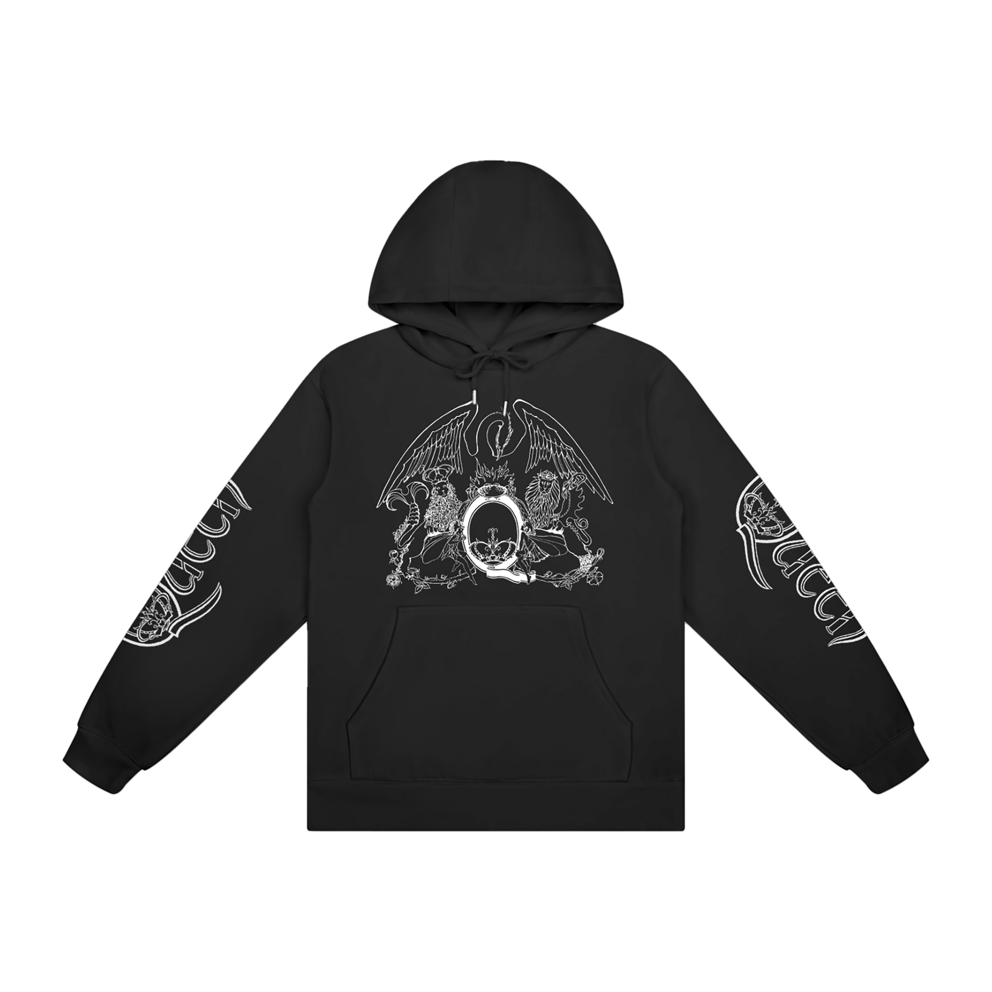 Black hoodie with white graphic design on front and Queen logo on both sleeves 