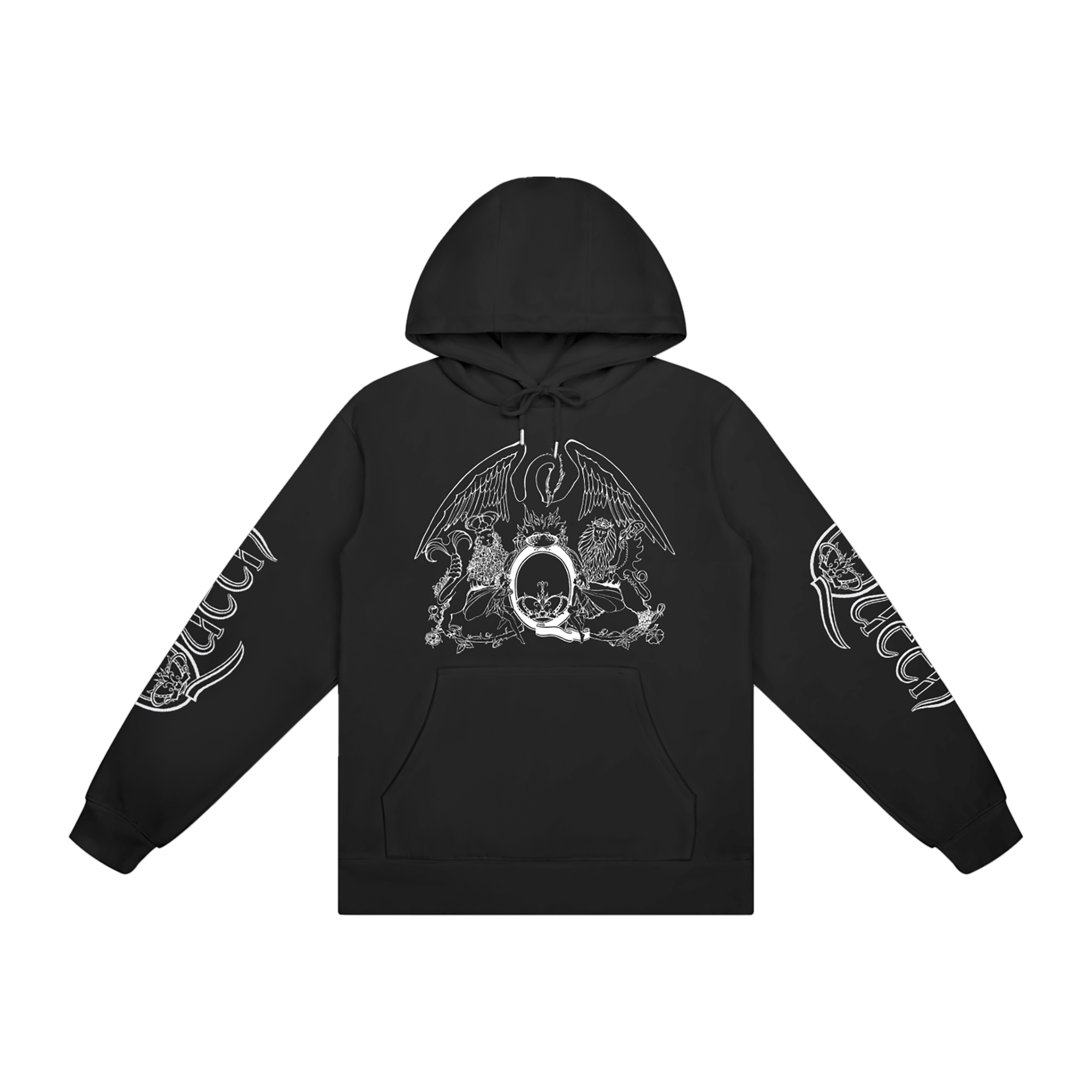 Black hoodie with white graphic design on front and Queen logo on both sleeves 