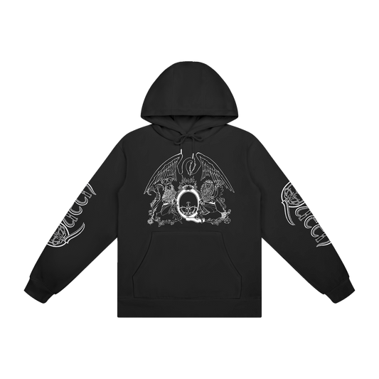 Black hoodie with white graphic design on front and Queen logo on both sleeves 