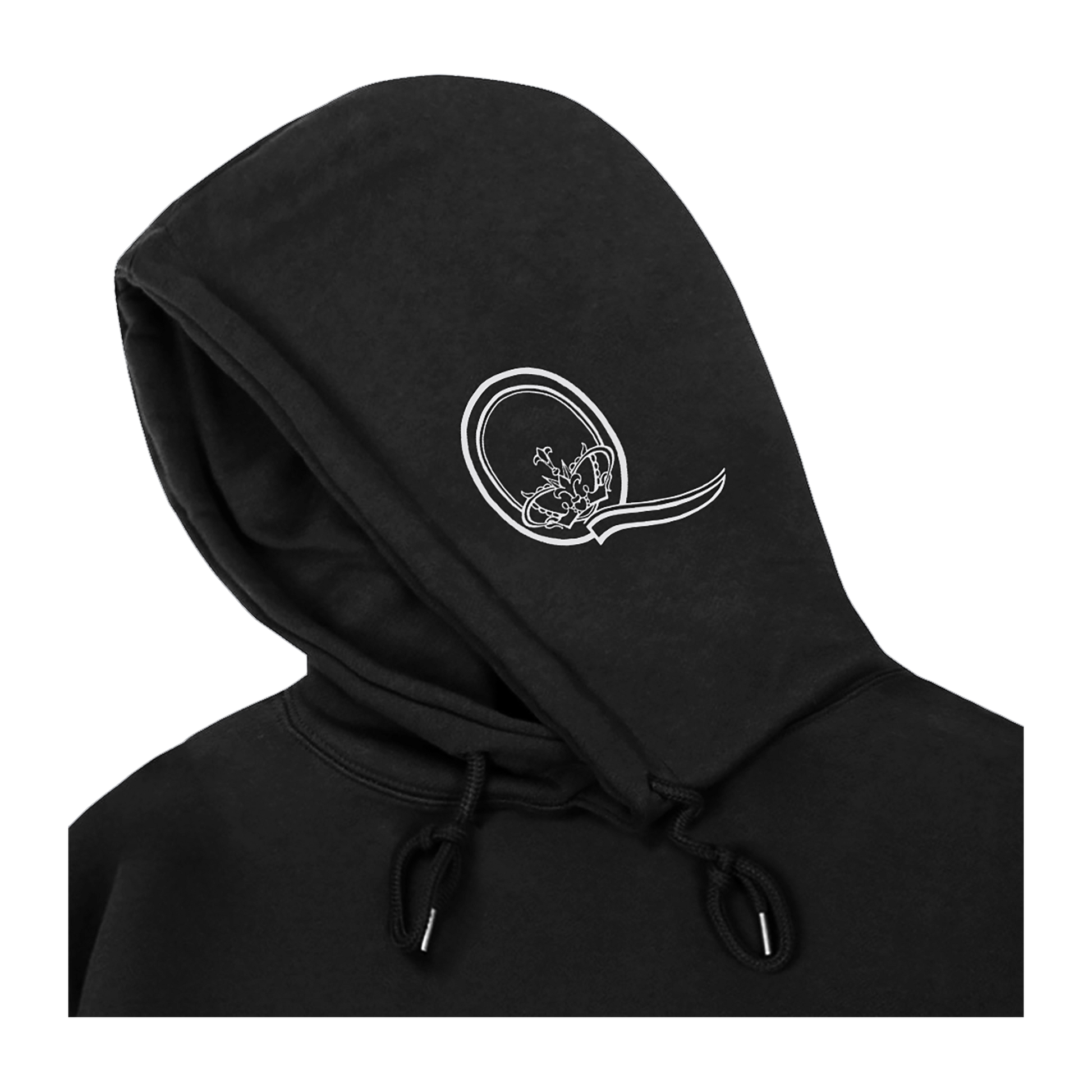 Black hoodie with white Q graphic design on side of hood