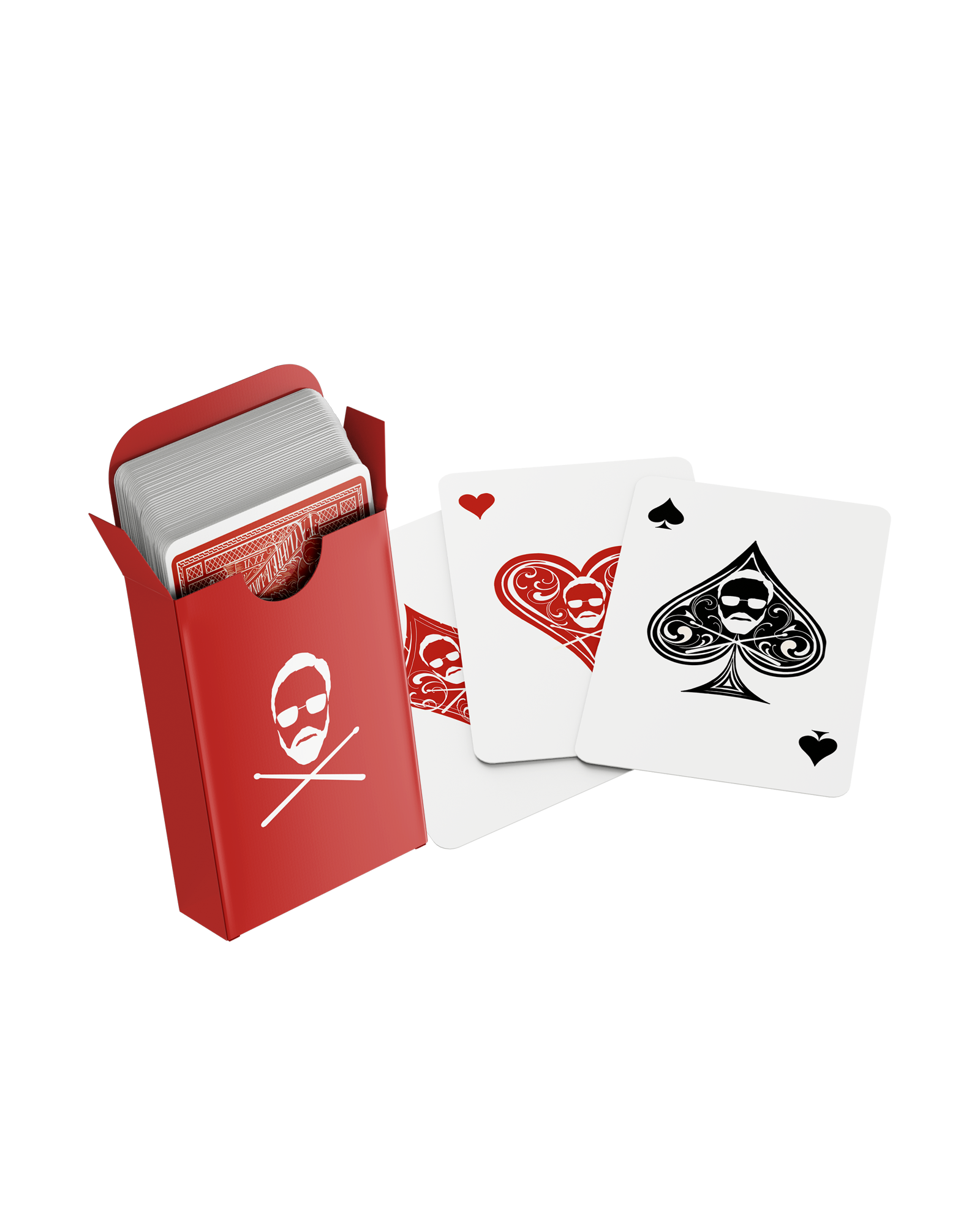 Red playing card holder with cards featuring skull and crossbones design 