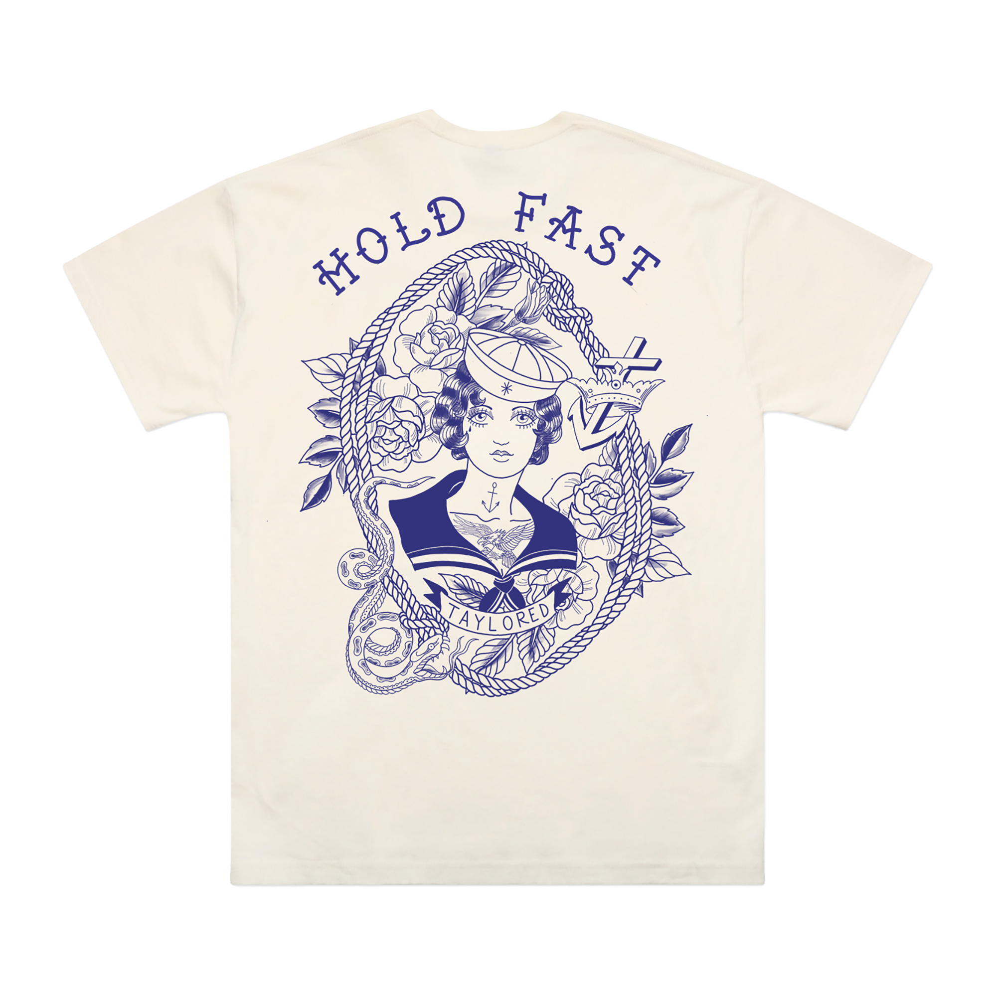 White t-shirt with blue graphic design and 'Hold Fast' text 