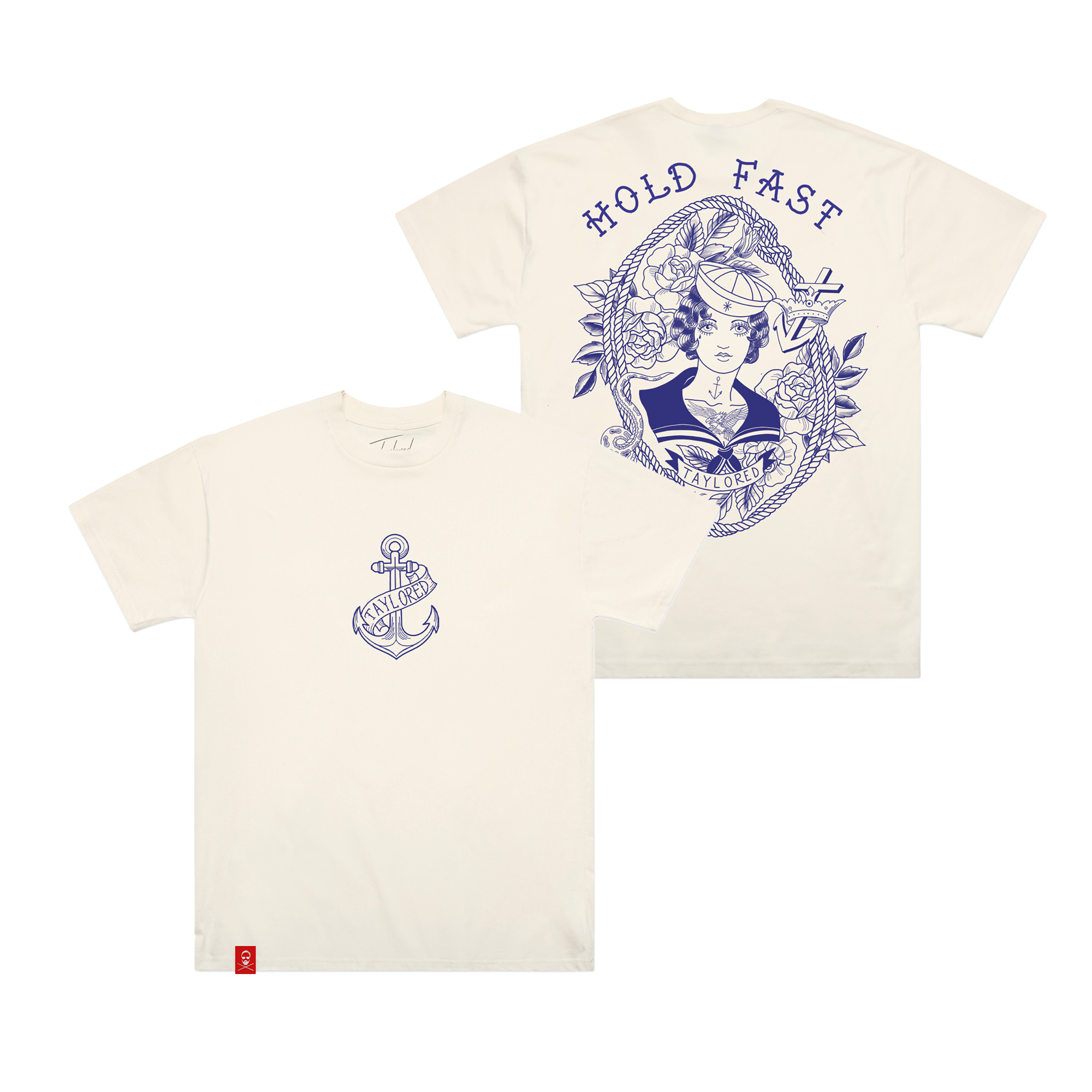 Beige t-shirt with blue graphics and text