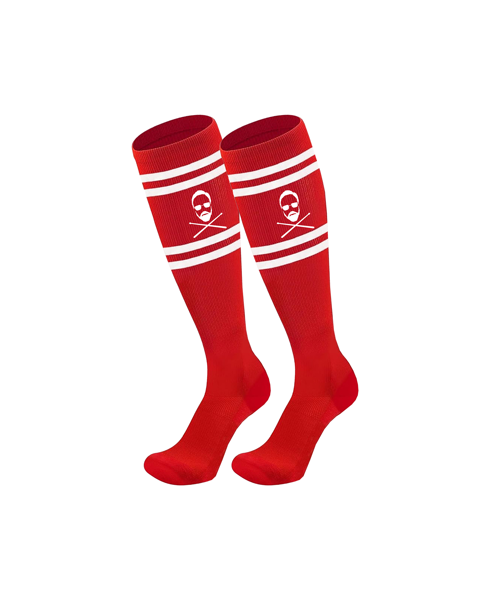 Red knee-high socks with white stripes and skull and crossbones design 