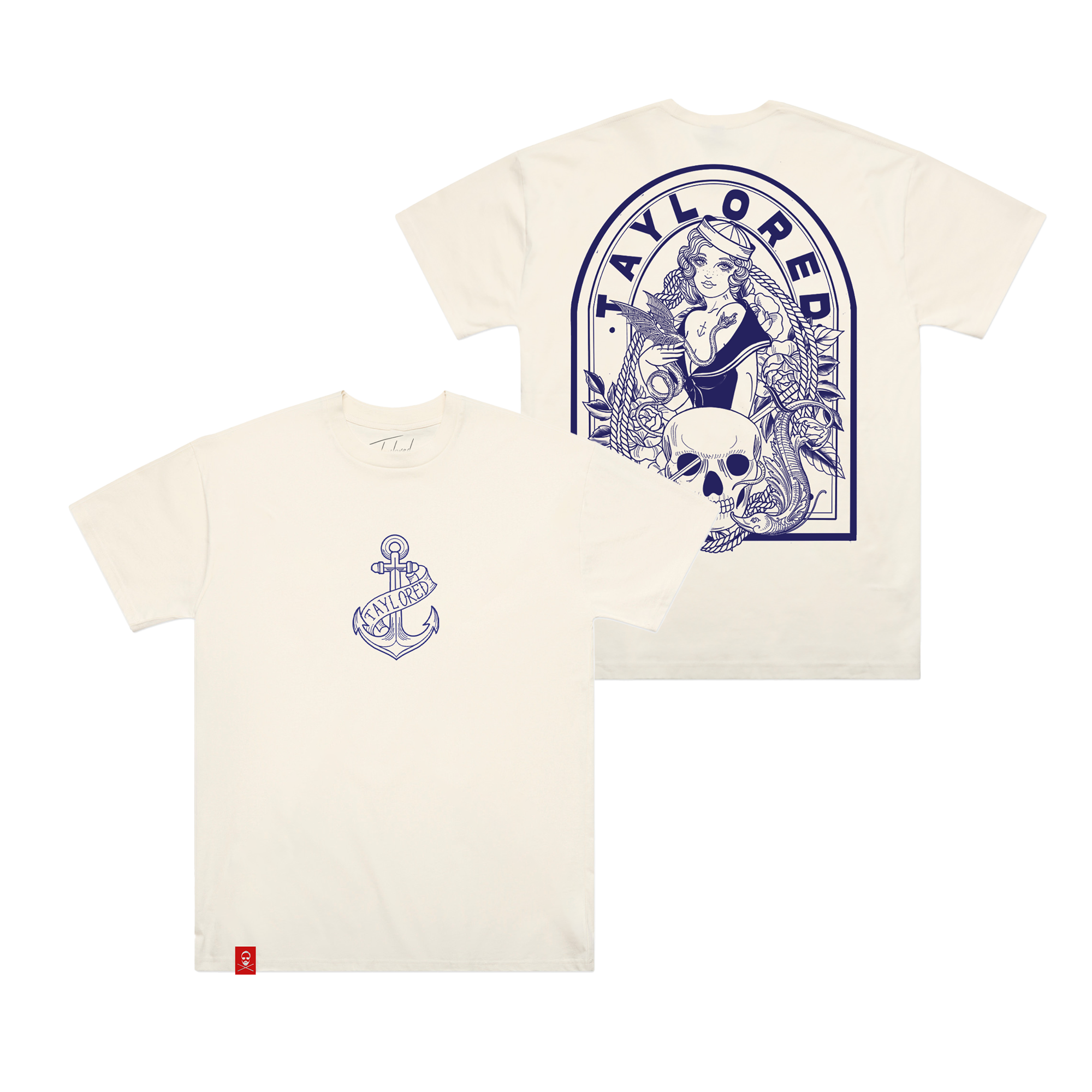 Beige t-shirt with blue graphic design 