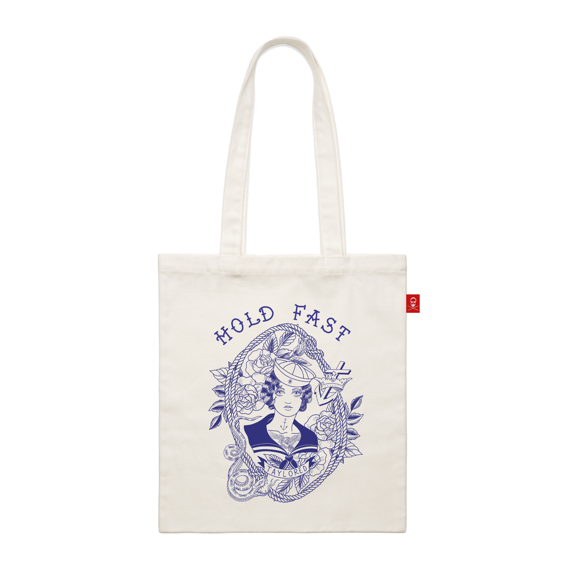 Tote bag with blue design and 'Hold Fast' text 
