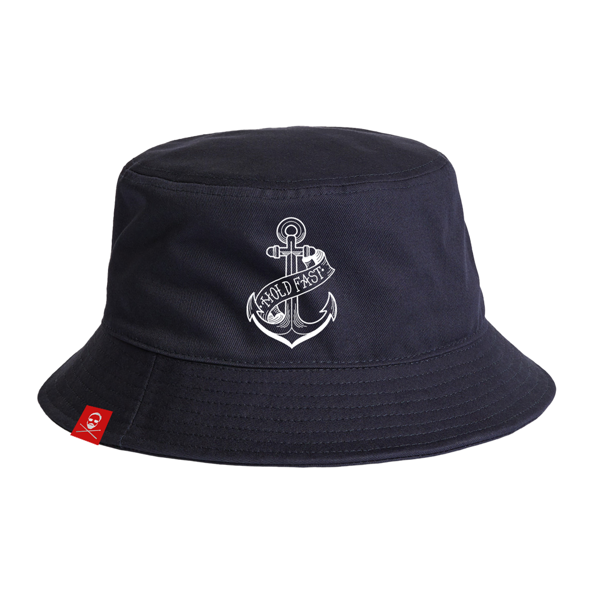 Navy bucket hat with white anchor design and text 