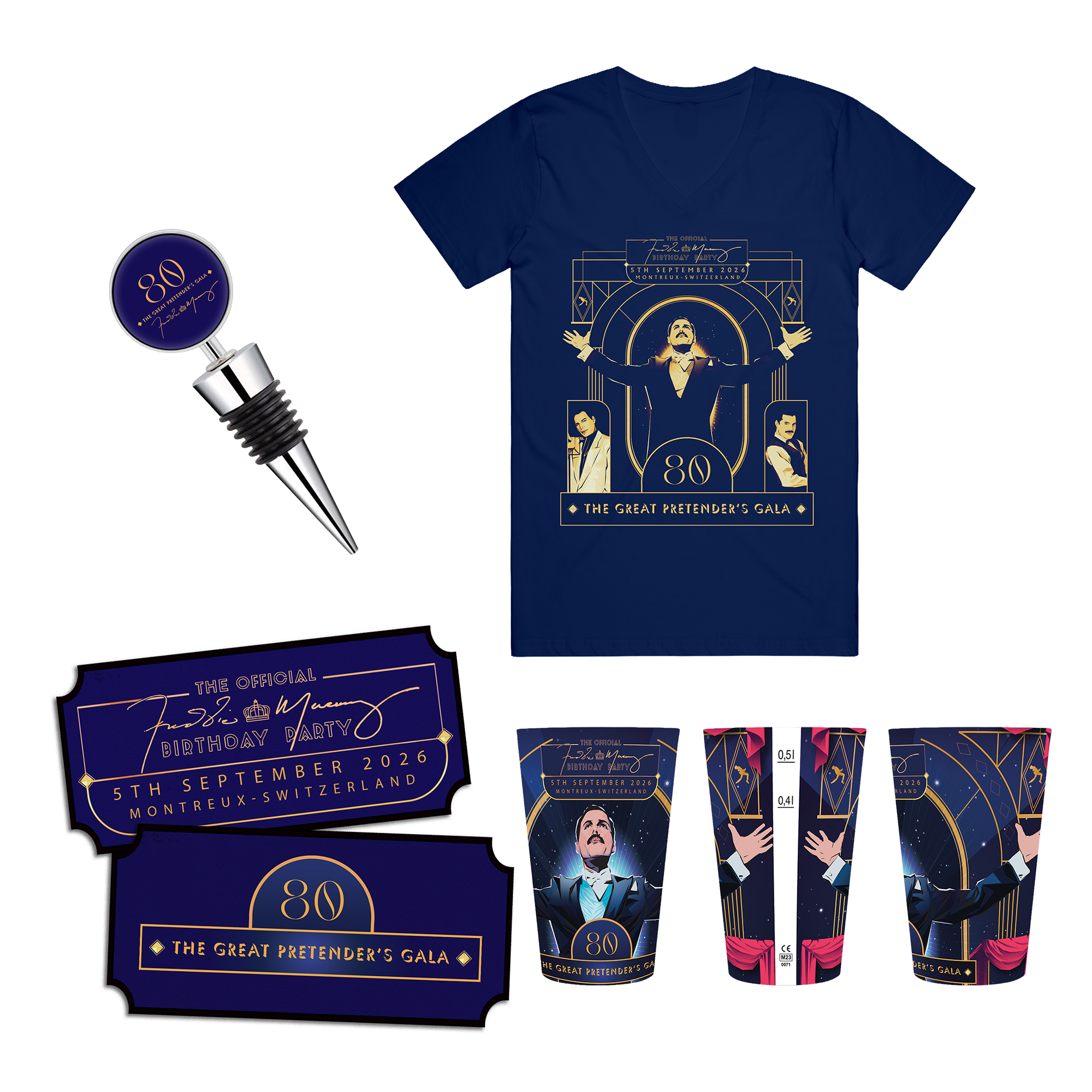 Freddie Mercury 2026 Official Birthday Party | Ticket, T-Shirt, Cup & Bottle Stopper Bundle